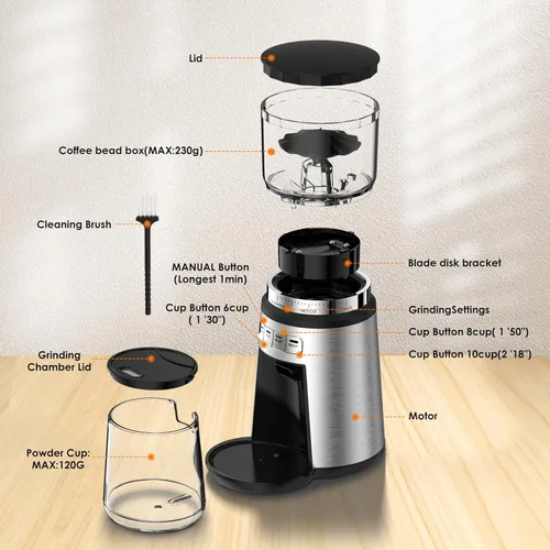 Vista 6 de Electric Burr Coffee Grinder, Adjustable Burr Mill Coffee Bean Grinder with 20 Grind Settings 10Cup for Espresso, Drip, French Press, Pour Over