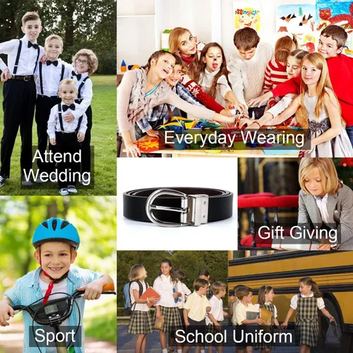 Vista 6 de JASGOOD Cinturón reversible de cuero para niños, cinturón casual para pantalones de mezclilla, uniforme escolar con hebilla rotada, regalo de vuelta