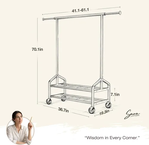 Vista 7 de Perchero de ropa resistente, 650 libras de carga para colgar ropa con 2 estantes resistentes, perchero de metal con ruedas para dormitorio