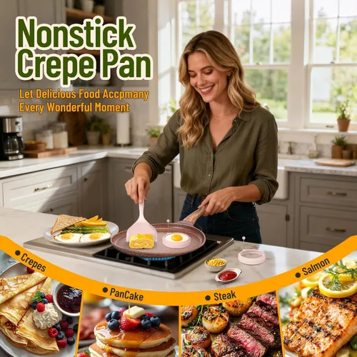 Vista 7 de AOSION Sartén antiadherente para crepas de 11 pulgadas, Dosa Tawa Creamic, sartén para tortilla para panqueques, filete y crepé, salmón, sartén