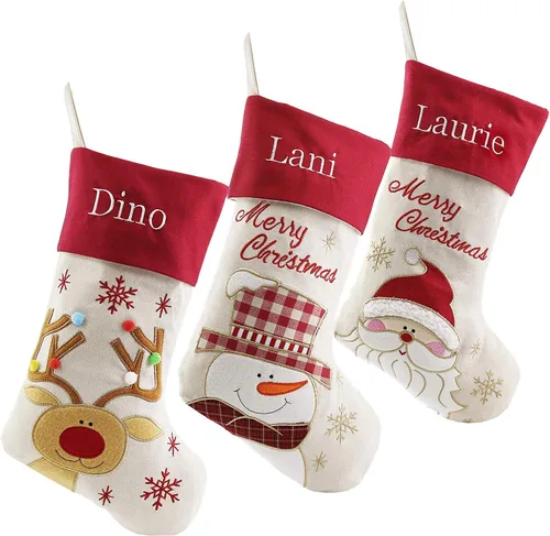 DearSun Juego de 3, medias de Navidad personalizadas de 18 pulgadas con tecnología de bordado, diseños de Papá Noel, muñeco de nieve y renos para