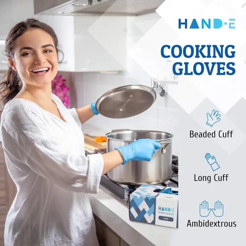 Vista 3 de Guantes desechables de nitrilo azul Hand-E Touch - Guantes de examen médico sin látex, sin polvo, seguros para alimentos, para cocinar