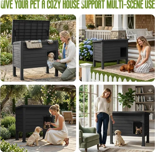 Vista 7 de DRATO Casa para perros de resina para interiores y exteriores con suelo elevado y fácil montaje, refugio para razas pequeñas con rejillas de H