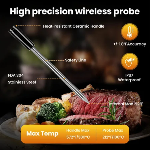 Vista 3 de Termómetro inalámbrico inteligente para carne 4 sondas Pantalla LCD grande mejorada Preciso y estable control de largo alcance por App