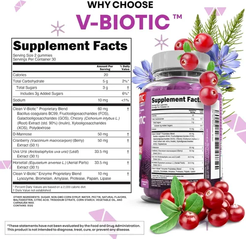 Vista 5 de Clean Nutraceuticals Probióticos Vaginales para Mujeres Gomitas con Arándano Rojo, Uva Ursi, Cola de Caballo, D-Manosa, Prebióticos y Enzimas