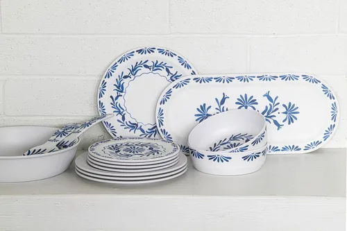 Vista 6 de Azul - Tazón para pasta/sopa/ensalada, 7.4 pulgadas, melamina pura, interior/exterior, azul y blanco, juego de 6