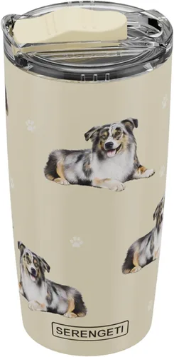 SERENGETI Australian Shepherd 20 oz. Vaso de acero inoxidable aislado al vacío con tapa a prueba de derrames - Impresión 3D - Taza de viaje aislada