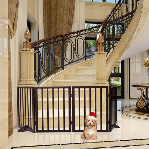 Vista 4 de Puerta independiente para mascotas para perros, corralito de madera para puertas, casa, barrera de seguridad plegable de madera para perros con 4