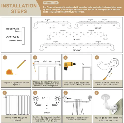 Vista 7 de OLV Barras de cortina industriales blancas para ventanas de 72 a 144 pulgadas (6 a 12 pies), 1 pulgada de diámetro, opacas, ajustables, resistentes