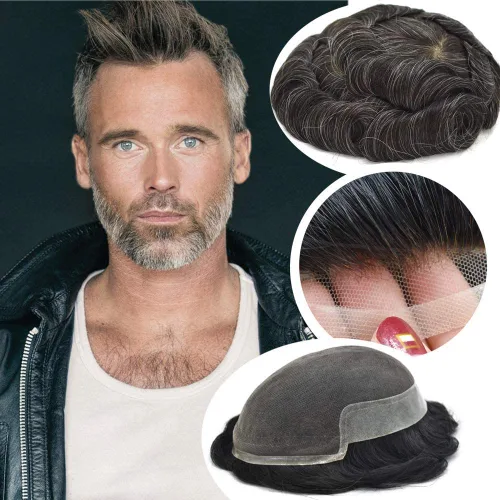 Vista 27 de Tupé de encaje suizo para hombre, pieza de cabello humano europeo, nudos blanqueados, línea capilar natural, encaje frontal, sistema de reemplazo