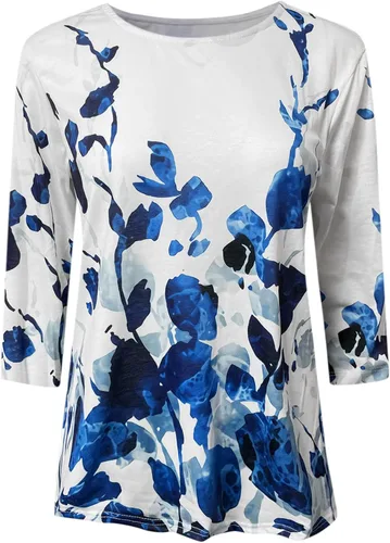 Vista 3 de Compression Shirt Women Loose Blouse for Womens Casual Summer Tops Floral Three Quarter Sleeve Round Neck Tee
