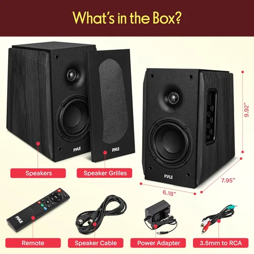 Vista 7 de Pyle Sistema de altavoces de estantería con Bluetooth, altavoces estéreo activos de 80 W, gabinete de madera natural Bass Reflex, arco de alta