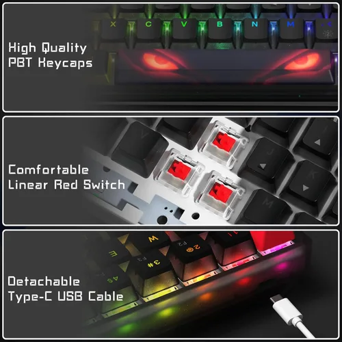 Vista 5 de Teclado 60% Teclado WK61 Womier, teclado RGB ultra compacto intercambiable en caliente con tapa de teclas, interruptor rojo lineal, controlador