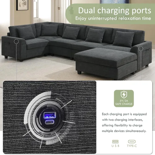 Vista 15 de Sofá modular de felpilla con tapicería en forma de L, sofá modular de 4 asientos con otomana extraíble y 5 almohadas para sala de estar, apartamento