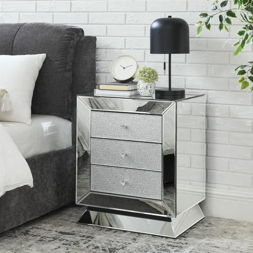 Vista 58 de HomVent Mesita de noche con espejo, mesa auxiliar con espejo, mesa de noche pequeña de cristal plateado para dormitorio, sala de estar