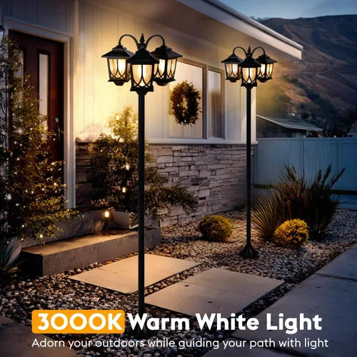 Vista 3 de Lámpara solar de poste de 3 cabezales, luces solares de 73 pulgadas para exteriores, impermeables, 60Lm 3000K luces de camino para jardín, césped