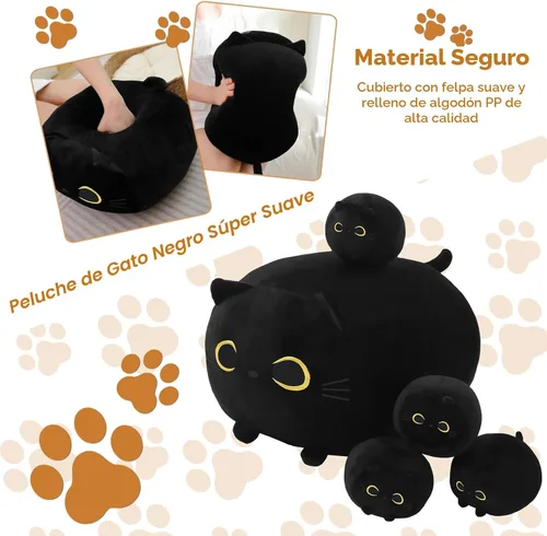Vista 4 de TOYSYM Gato Negro de Peluche Mamá Gato de Peluche Juguetes con 4 Bebés Blanditos en su Vientre Almohadas Suave Lindas para Abrazar para Niños y Niñas