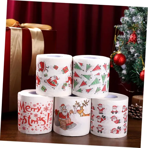 Vista 9 de EXCEART 5 rollos de papel higiénico de Navidad, servilletas desechables impresas para fiestas divertidas de Navidad, decoración de baño