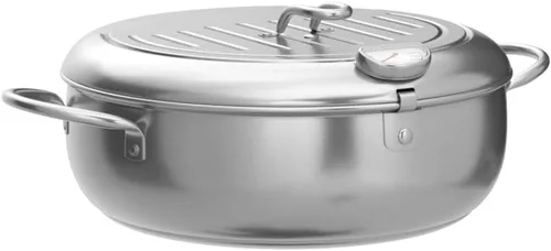 Vista 4 de Olla para freír – Tempura japonesa pequeña olla profunda de acero inoxidable con termómetro, tapa y escurridor de aceite para papas fritas, alas
