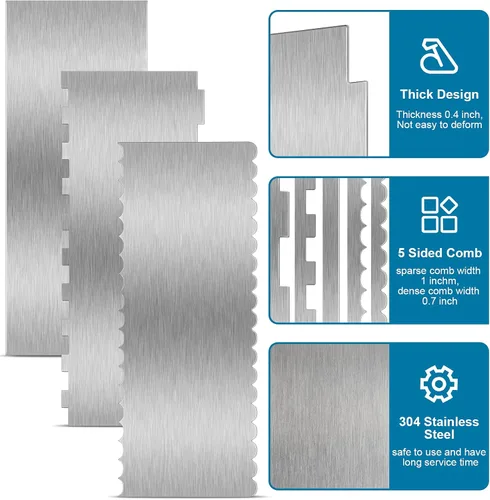 Vista 5 de 3 Pieces Stainless Steel Cake Scraper 10 Inch and 9 Inch Large Double Sided Patterned Edge Stripe Edge Smoother Scraper Cake Decorating Comb Pastry