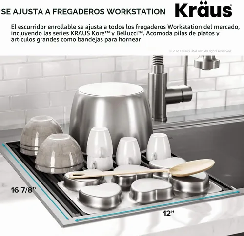 Vista 4 de Kraus Multiusos Escurreplatos Enrollable para Fregadero con Colador y Esterilla en Aqua, KRM-11AQ Aguamarina