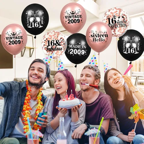 Vista 3 de Globos de cumpleaños número 16, 18 globos de oro rosa y negro 2009, decoraciones de fiesta de cumpleaños de 16 para niñas, globos de látex