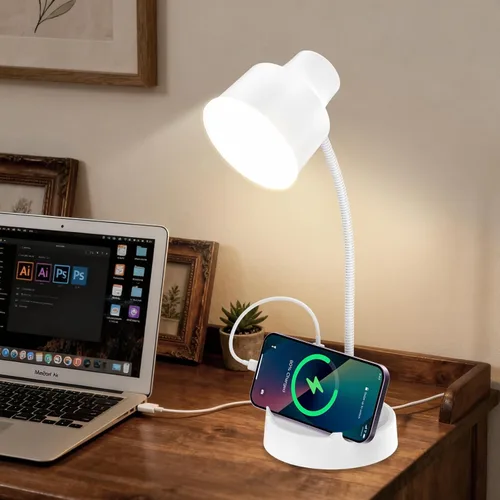 Vista 7 de Lámpara de escritorio LED Energetic con soporte para teléfono, lámpara de mesa con toma de corriente, cuello de cisne flexible ajustable, 4000K, luz
