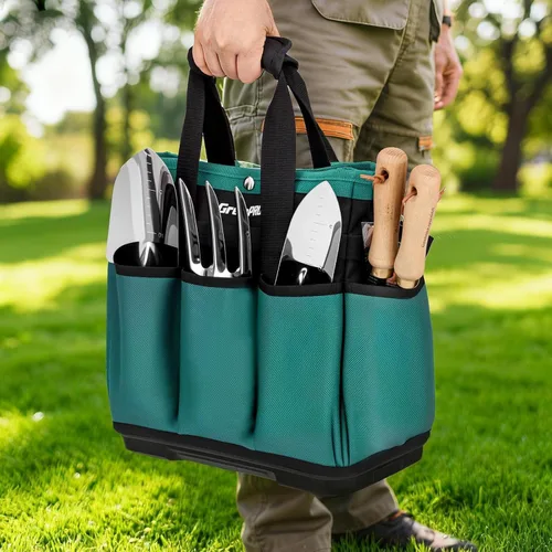 Vista 8 de GrenPRO Bolsa de herramientas de jardín con parte inferior moldeada, caja de herramientas resistente con 10 bolsillos, cierre reforzado y superior a