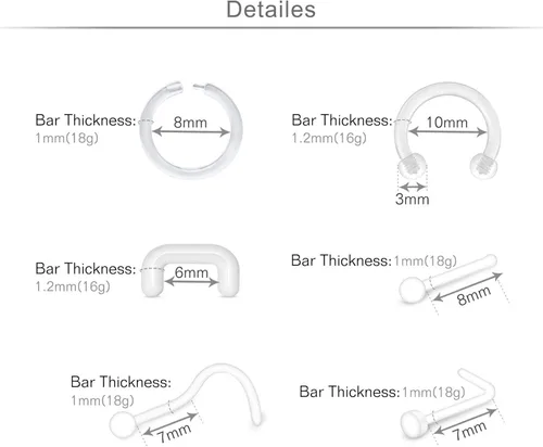 Vista 2 de MODRSA - Juego de piercings transparentes para el tabique y la nariz con forma de espárragos flexibles para el oído, la nariz, la lengua, pezón