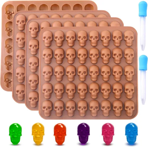 Vista 9 de BUSOHA Moldes de silicona para caramelos de calavera gomosa, paquete de 2 moldes de silicona antiadherentes de 40 cavidades con 1 cuentagotas