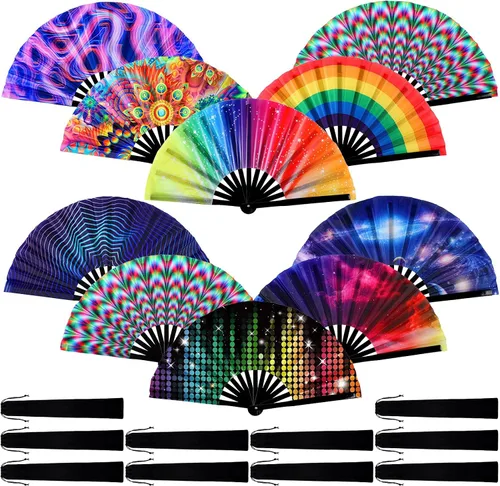 Pinkunn 10 abanicos plegables de mano grandes con varillas de bambú y funda, para festivales, manualidades, rave, arcoíris, para Drag Queen, baile,