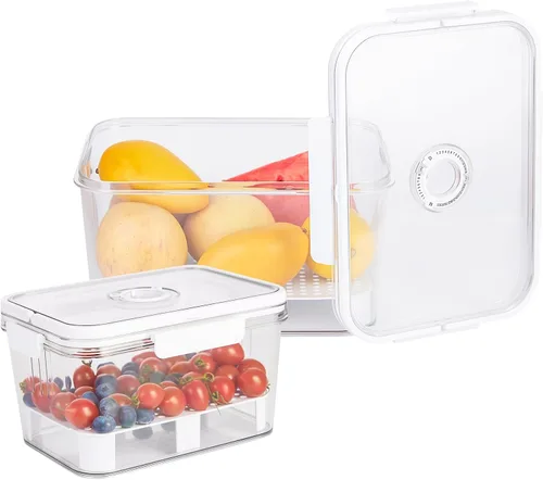 2 recipientes de almacenamiento de frutas para refrigerador con temporizador y colador, caja de pan de 5.5 L+2.3 L, sin BPA, recipientes de