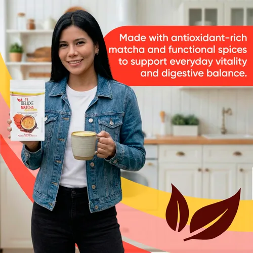 Vista 7 de TÉ DELUXE Leche dorada matcha en polvo prémium con cúrcuma, jengibre, almendras y té verde Mezcla gourmet de chai con especias para café con leche
