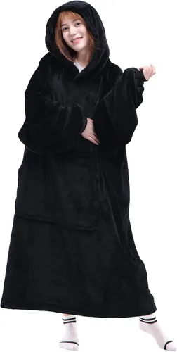 Waitu - Sudadera tipo manta, para regalar a hombre o mujer, muy cálida y acogedora, gigantesca, con capucha, de gruesa franela, con mangas y un Negro