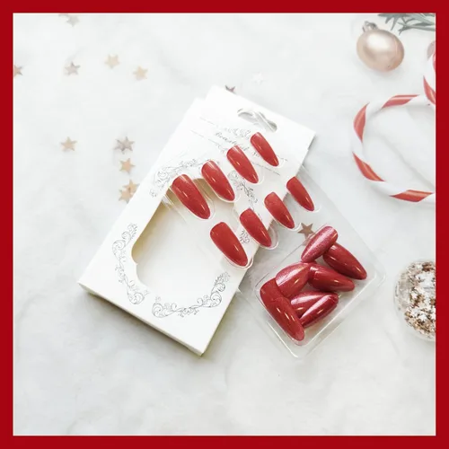 Vista 5 de Uñas postizas rojas de tamaño mediano en forma de almendra, uñas acrílicas brillantes con diseño de purpurina, uñas artificiales de cobertura
