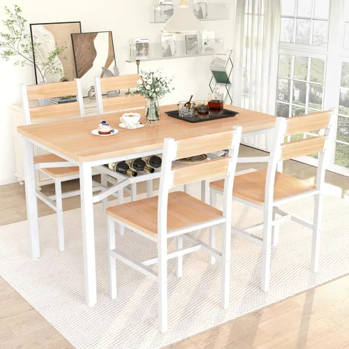 Vista 9 de Juego de mesa de comedor Hooseng para 4, juego de mesa y sillas de cocina de madera con almacenamiento, juego de mesa de comedor de 5 piezas