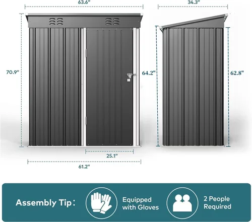 Vista 8 de Gizoon Cobertizo de almacenamiento al aire libre de 5' x 3' con puerta con cerradura única, cobertizo de metal galvanizado con ventilación de aire