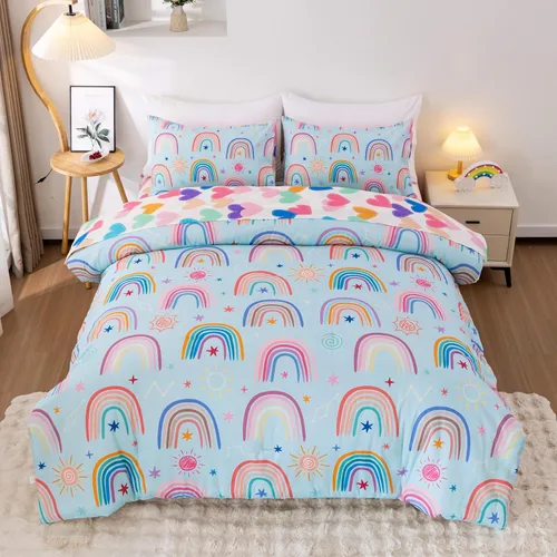Vista 20 de Btargot Juego de edredón de 3 piezas para niños con 2 fundas de almohada, corazones de amor de dibujos animados, soles y estrellas, juego de ropa