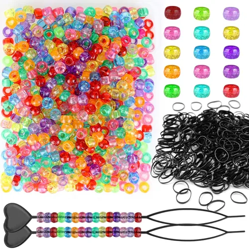 Vista 9 de Kit de 1605 cuentas para trenzar el cabello de los niños: 600 cuentas de poni de caramelo, 1000 bandas elásticas y 2 cuentas rápidas