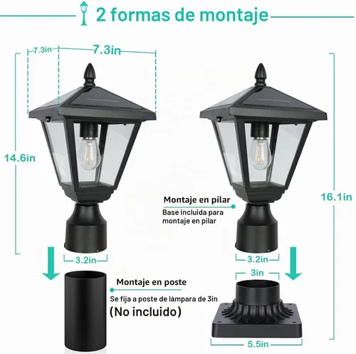 Vista 7 de Luces solares de poste de metal y vidrio, luces solares de poste del atardecer al amanecer con base de montaje en muelle, luces exteriores de 6000 K