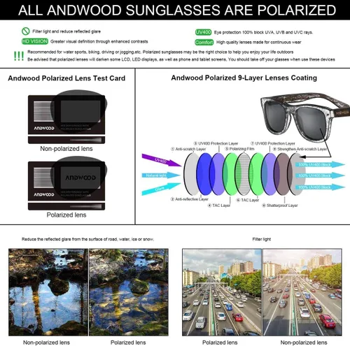 Vista 7 de ANDWOOD Gafas de sol polarizadas de madera para hombres y mujeres, protección UV, marco de bambú de madera, gafas de sol espejadas