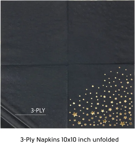 Vista 3 de Elegantes servilletas negras y doradas, 100 servilletas de estrella negra, servilletas de cóctel negras y doradas de 5 x 5 pulgadas, servilletas