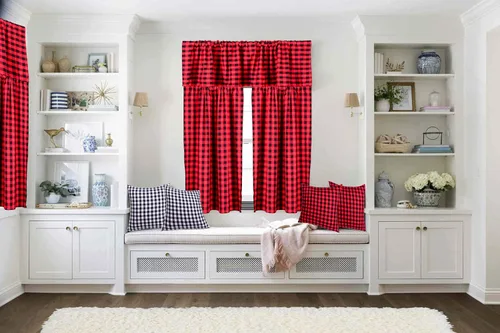 Vista 5 de Juego de cortinas de cenefa, 3 piezas de algodón a cuadros, cortinas de cocina de granja, 58" de ancho x 15" de largo, 29" de ancho x 36" de largo