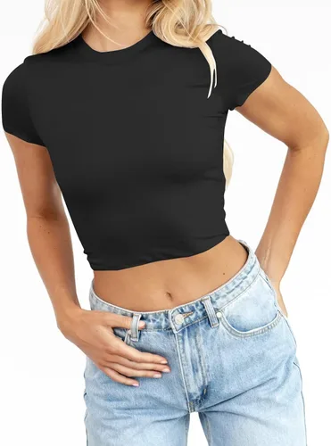 Vista 4 de TECREW Camisetas cortas de manga corta para mujer, estilo casual, básicas, cuello redondo, ajustadas, para verano