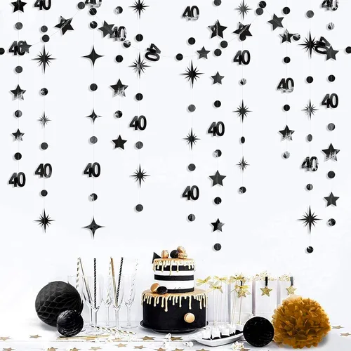 Vista 3 de Decoración de cumpleaños número 40 en negro, punto de círculo número 40, guirnalda de estrellas centelleantes metálica para colgar banderines
