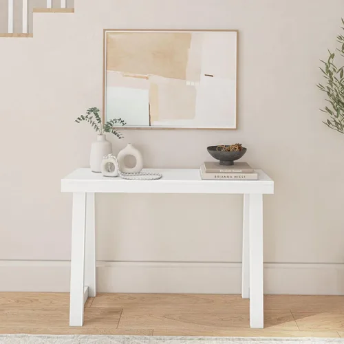 Vista 3 de Plank+Beam Mesa consola de madera maciza, 46 pulgadas, mesa de sofá, mesa de entrada estrecha para pasillo, detrás del sofá, sala de estar, Blanco