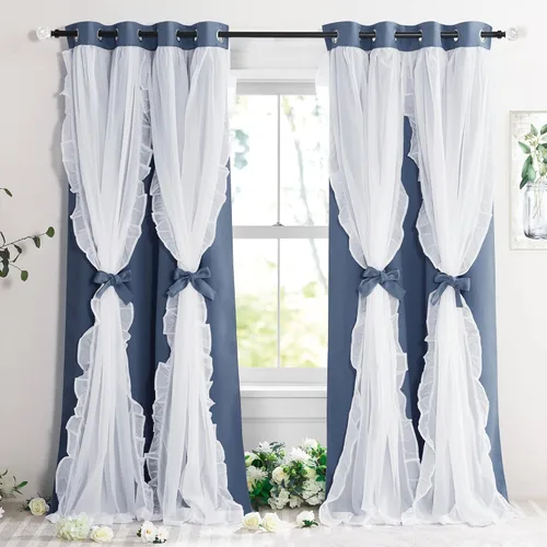 Vista 11 de PONY DANCE Cortinas con Volantes de Doble Capa con Superposición Transparente, Decoración Elegante para Ventanas de Diseño Rústico Francés de Campo