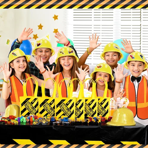 Vista 6 de Sratte 122 piezas de suministros de fiesta de cumpleaños de construcción, 12 sombreros de construcción, 12 chalecos de construcción, 12 bolsas