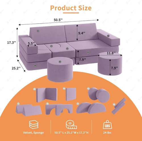 Vista 2 de Sofá modular para niños, 13 unidades, sofá modular para niños con 2 otomanas, sofá plegable para niños para sala de juegos, dormitorio, sofá modular