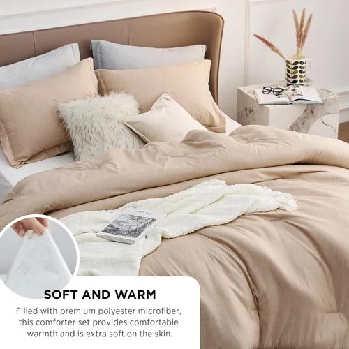 Vista 4 de Bedsure Juego de edredón Queen Edredón caqui tamaño Queen, ropa de cama suave para todas las estaciones, juego de ropa de cama de teñido catiónico